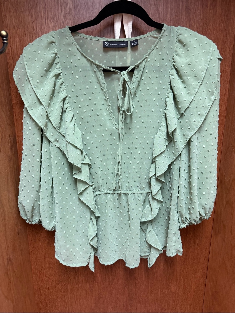 New York & Company Light Sage Ruffled Swiss Dot Tie-Front Blouse